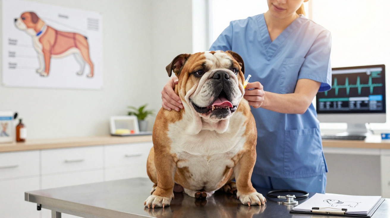 Veterinária a preparar injeção num cão bulldog numa clínica veterinária moderna.