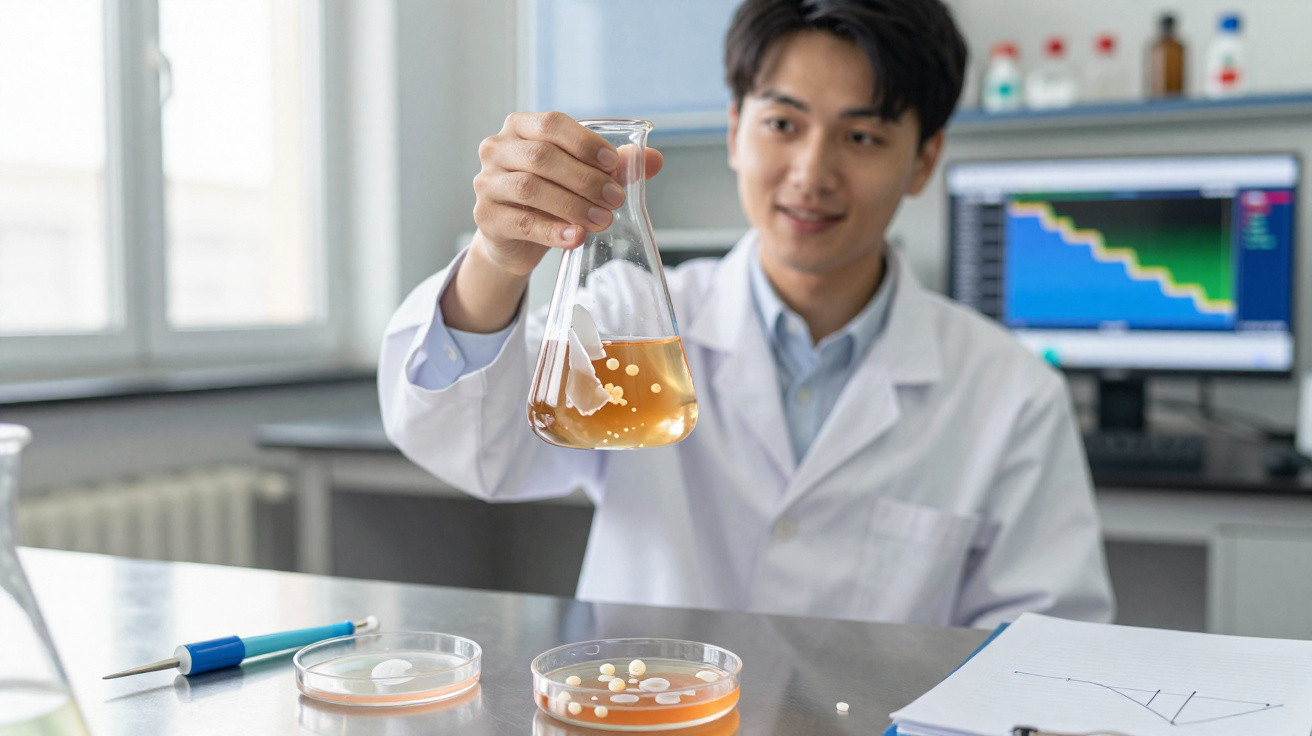 Cientista em laboratório a segurar um frasco com líquido amarelo e colonização de bactérias.