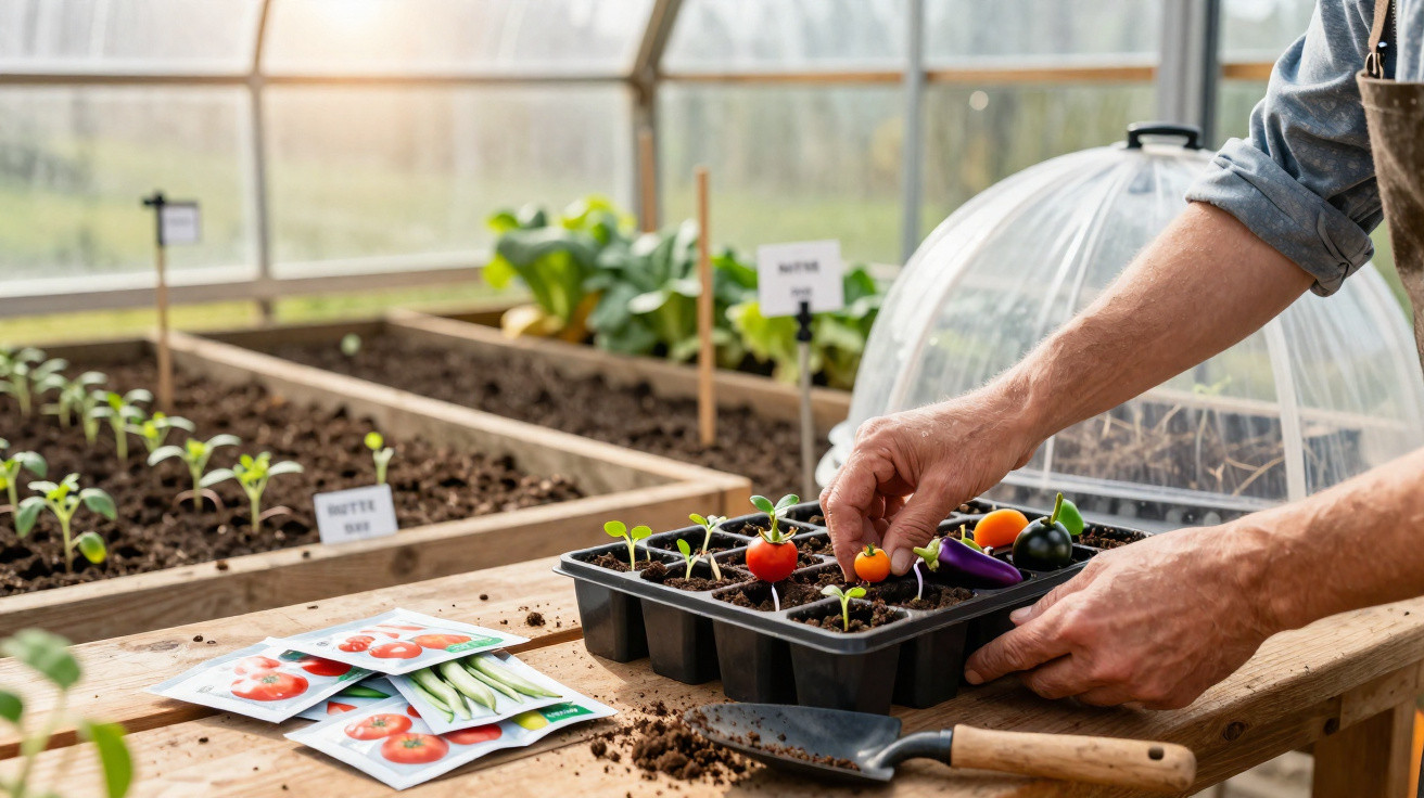 Pessoa a transplantar pequenas plantas de tomate num viveiro dentro de uma estufa.