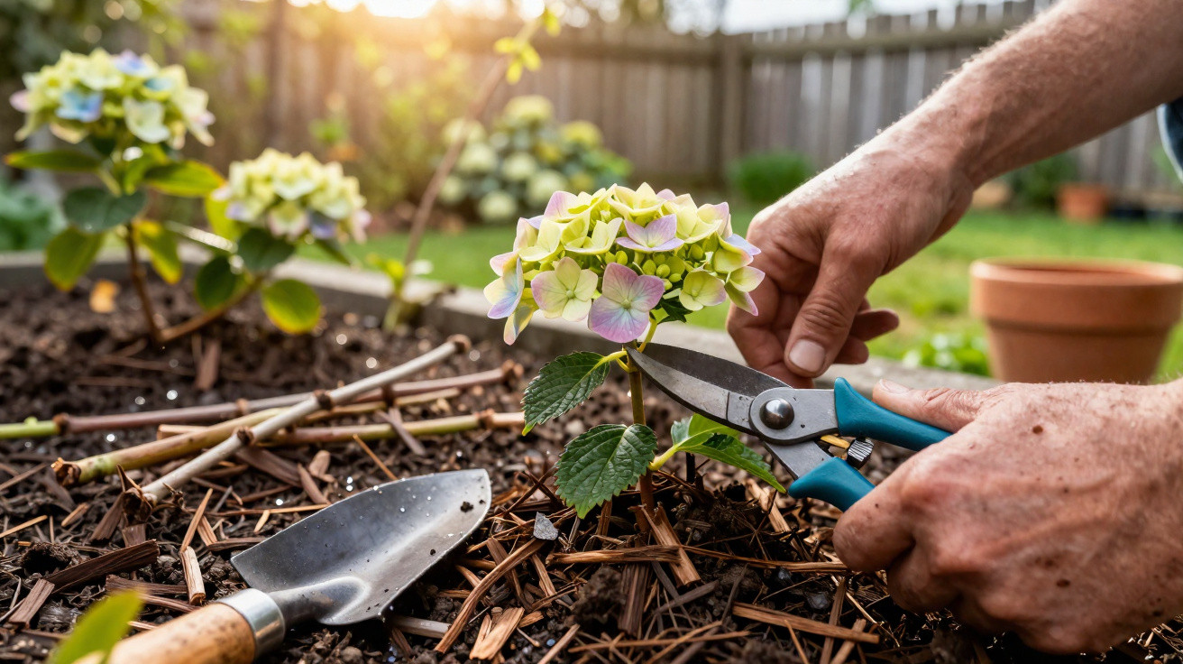 Mãos a podar uma flor amarela e lilás num jardim com terra, tesoura e enxada ao lado.