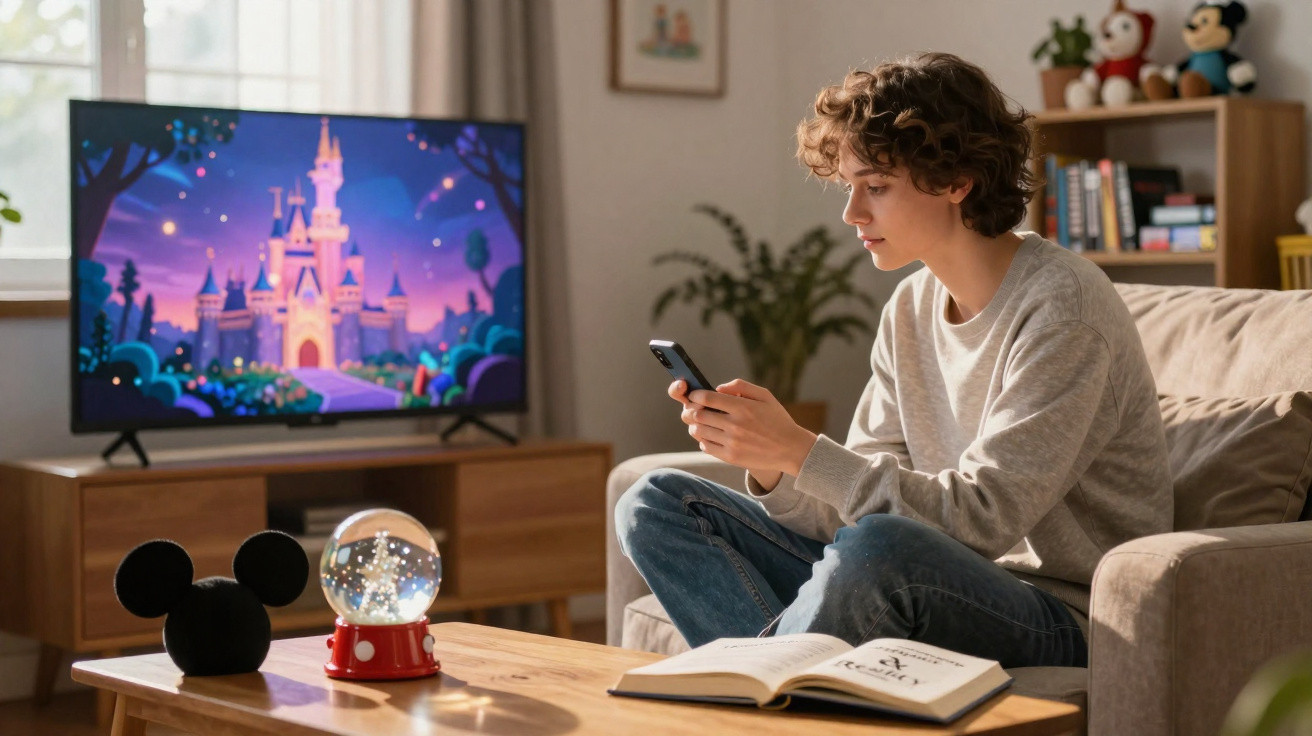 Jovem sentado no sofá a usar telemóvel, com televisão a mostrar castelo Disney ao fundo.
