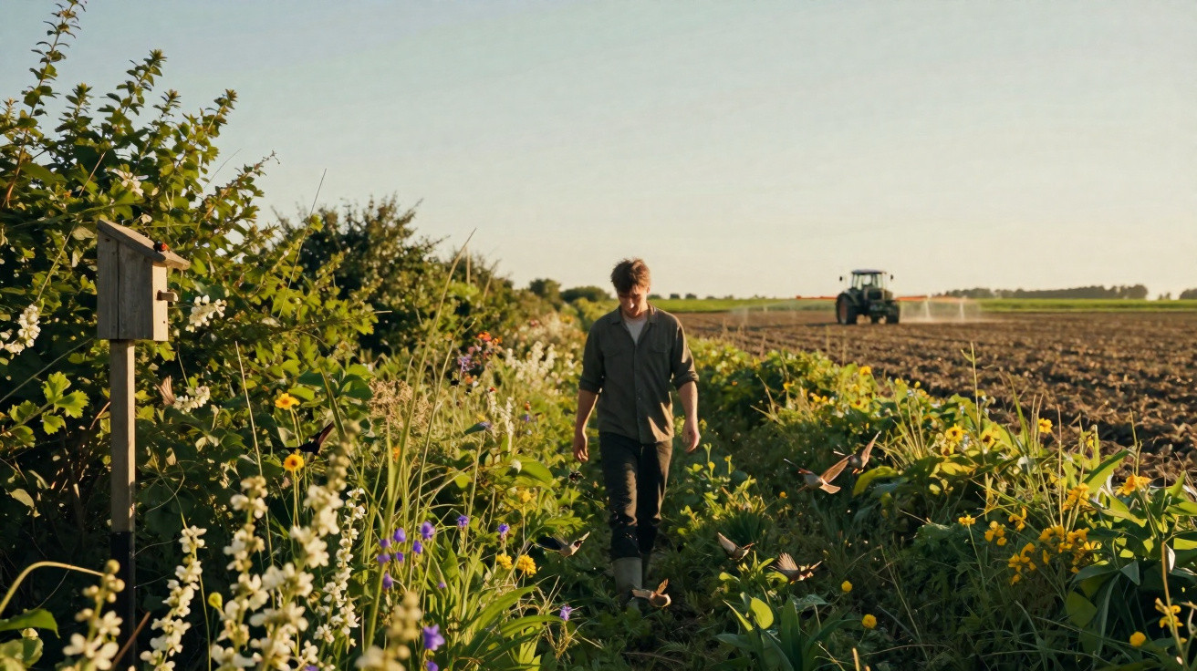Homem caminha por trilho rodeado de flores e vegetação, com trator a trabalhar num campo ao fundo.