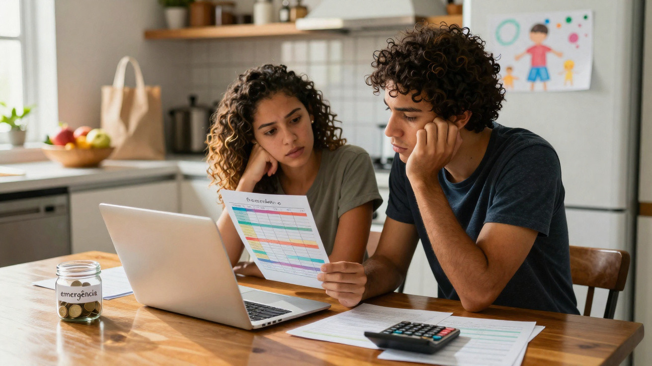 Casal jovem na cozinha a analisar documentos e contas com computador e calculadora numa mesa de madeira.