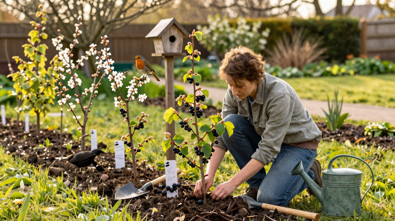 Mulher a cuidar de planta numa horta com regador, pá e pá em solo, com um pássaro no bebedouro.