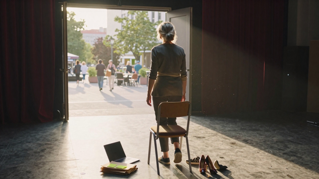 Mulher em palco, de costas, olhando para o exterior com cadeira, sapatos e laptop ao chão.