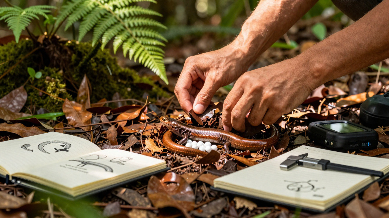 Mãos a manipular salamandra e ovos no chão da floresta com cadernos de notas e instrumentos de medição.