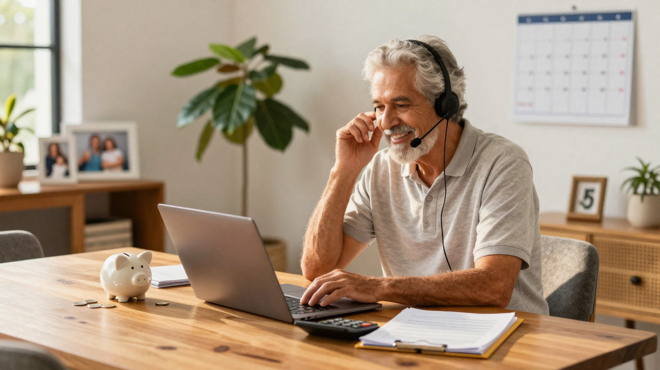 Homem sénior sorridente a usar computador portátil e auriculares com microfone numa mesa de trabalho em casa.