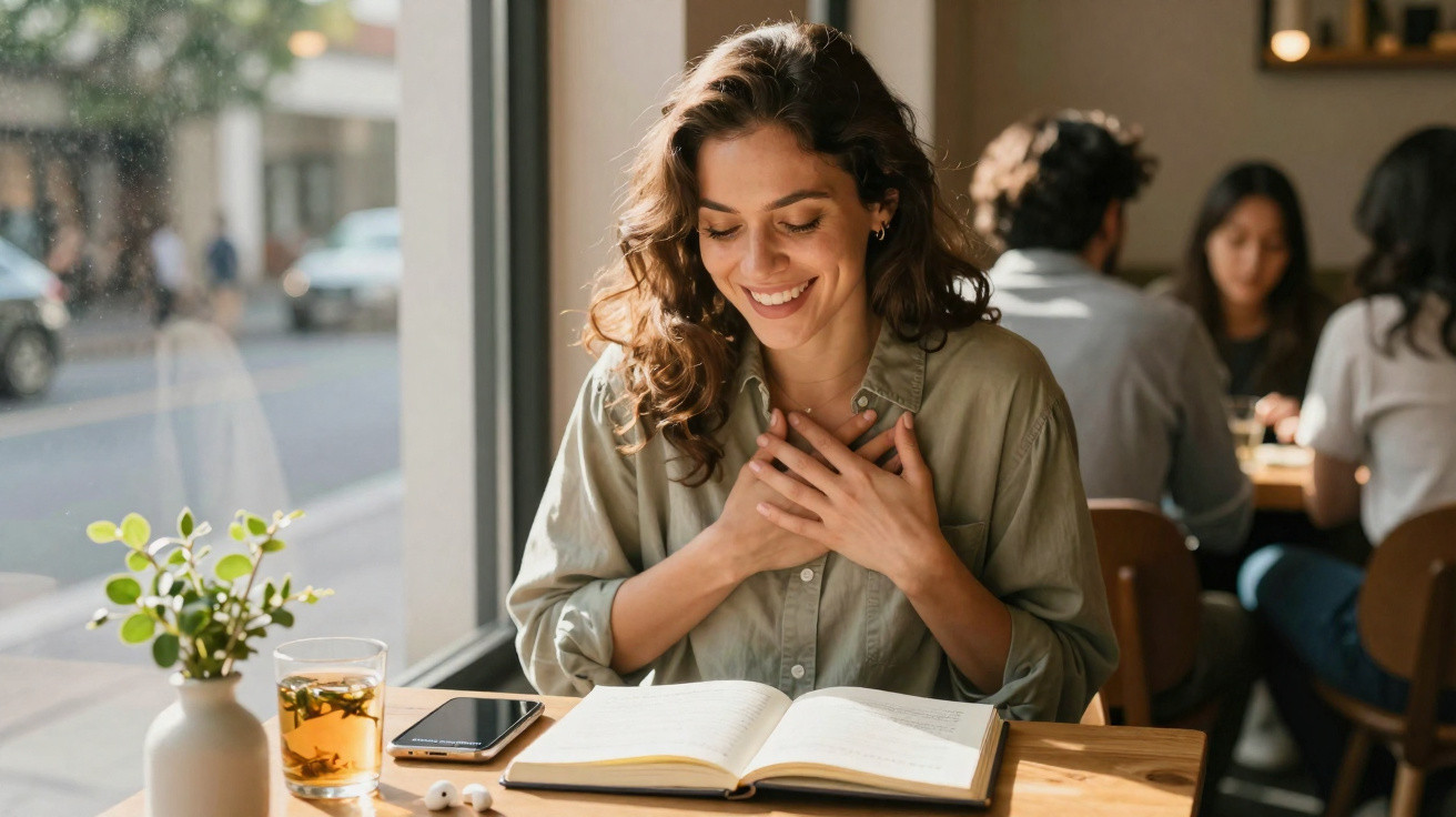 Mulher sorridente sentada numa mesa junto a uma janela, lendo um livro aberto num café.