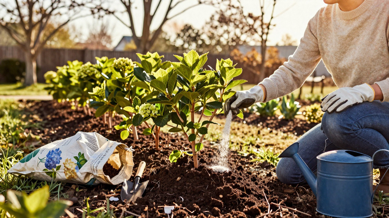 Pessoa a adubar plantas num jardim com ferramentas de jardinagem e regador ao lado durante o dia.