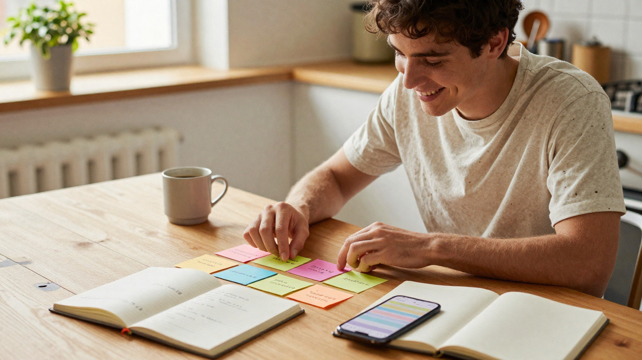 Jovem sorridente organiza notas adesivas coloridas numa mesa com cadernos e telemóvel.