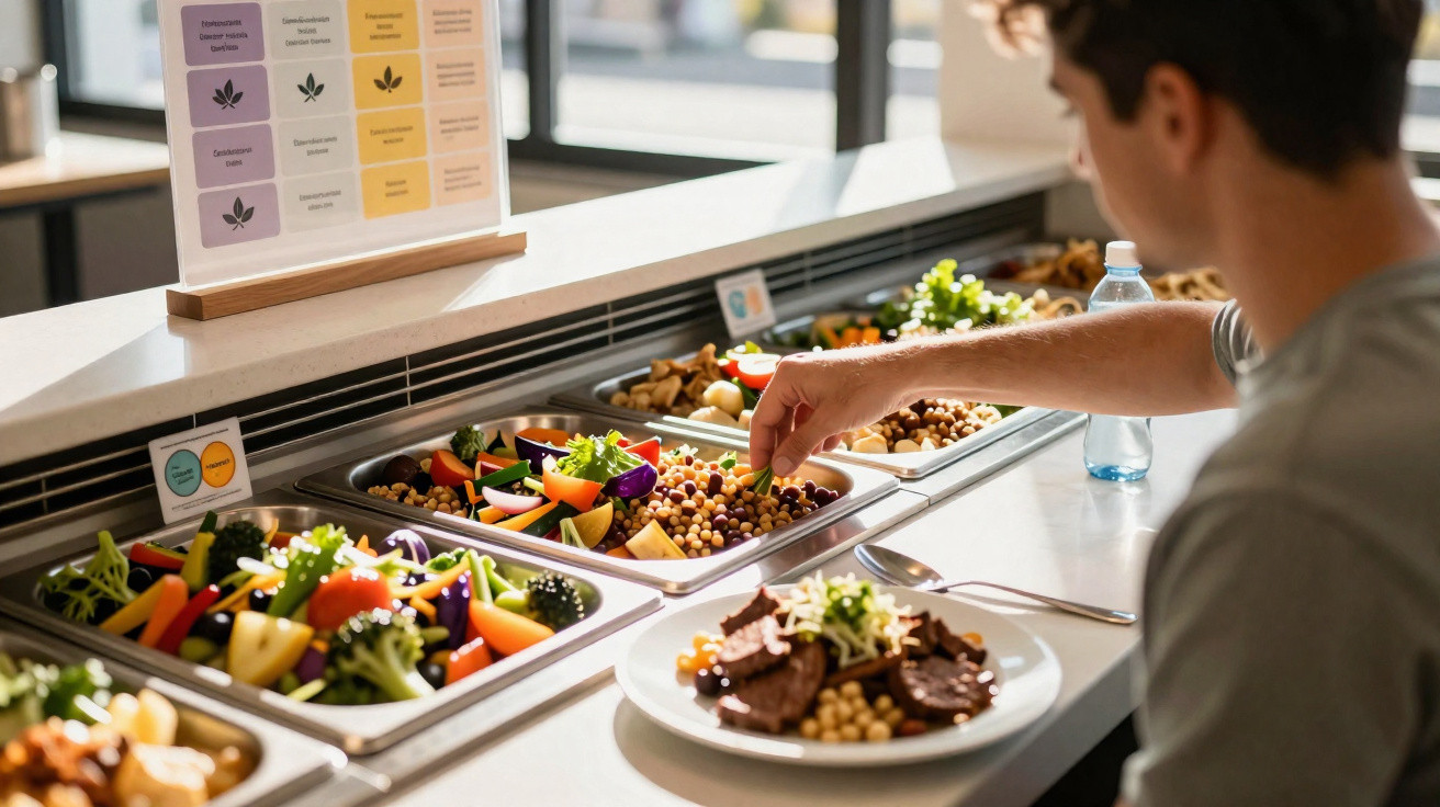 Pessoa a servir-se num buffet de saladas frescas e legumes variados num restaurante.