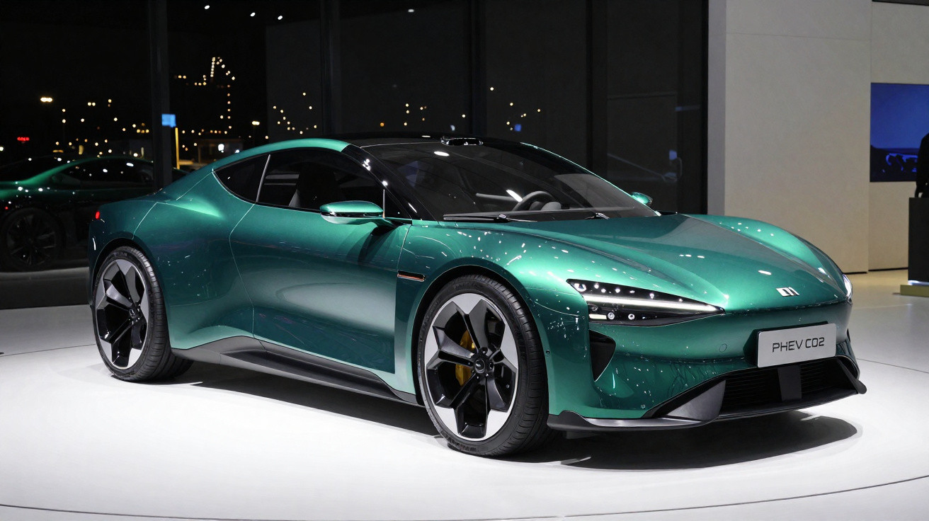 Carro desportivo elétrico verde metálico exposto em sala com iluminação branca e fundo escuro.