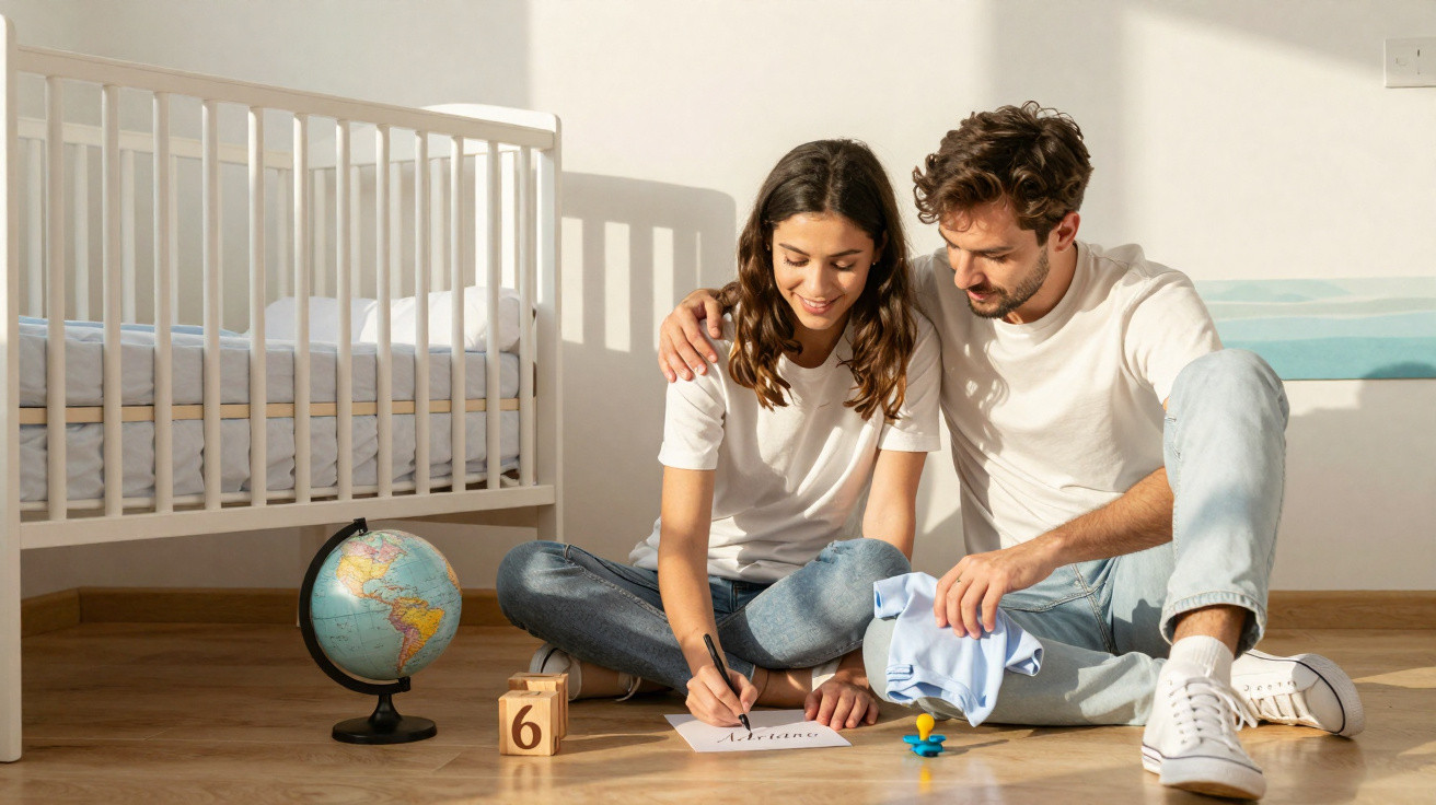Casal sentado no chão do quarto de bebé a escolher nome, com berço, globo e blocos de madeira ao lado.