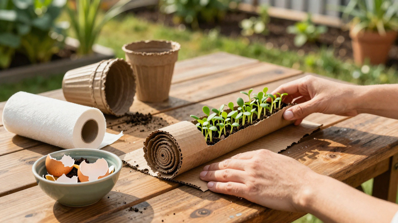 Mãos a plantar mudas em tubo de cartão reciclado sobre mesa de madeira ao ar livre.