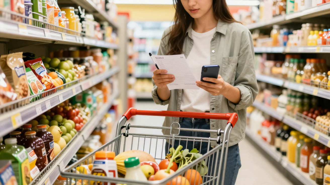 Mulher com carrinho de compras cheio, a ler lista e usar telemóvel num corredor de supermercado.