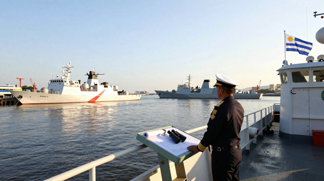 Marinheiro em uniforme naval observa fragatas no mar ao pôr do sol, com bandeira do Uruguai visível.