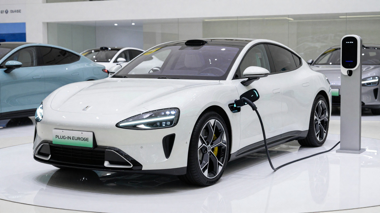 Carro elétrico branco a ser carregado numa estação de carregamento num salão automóvel.