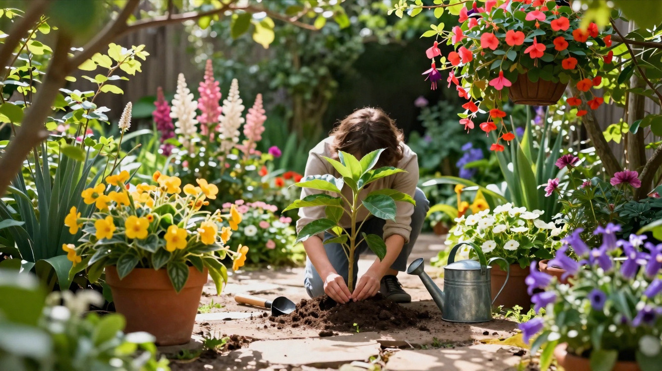 Pessoa a plantar uma muda num jardim colorido com várias flores e regador ao lado.
