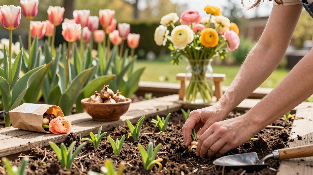 Mãos a plantar bolbos em canteiro com tulipas florescendo e jarro com flores ao fundo num jardim.