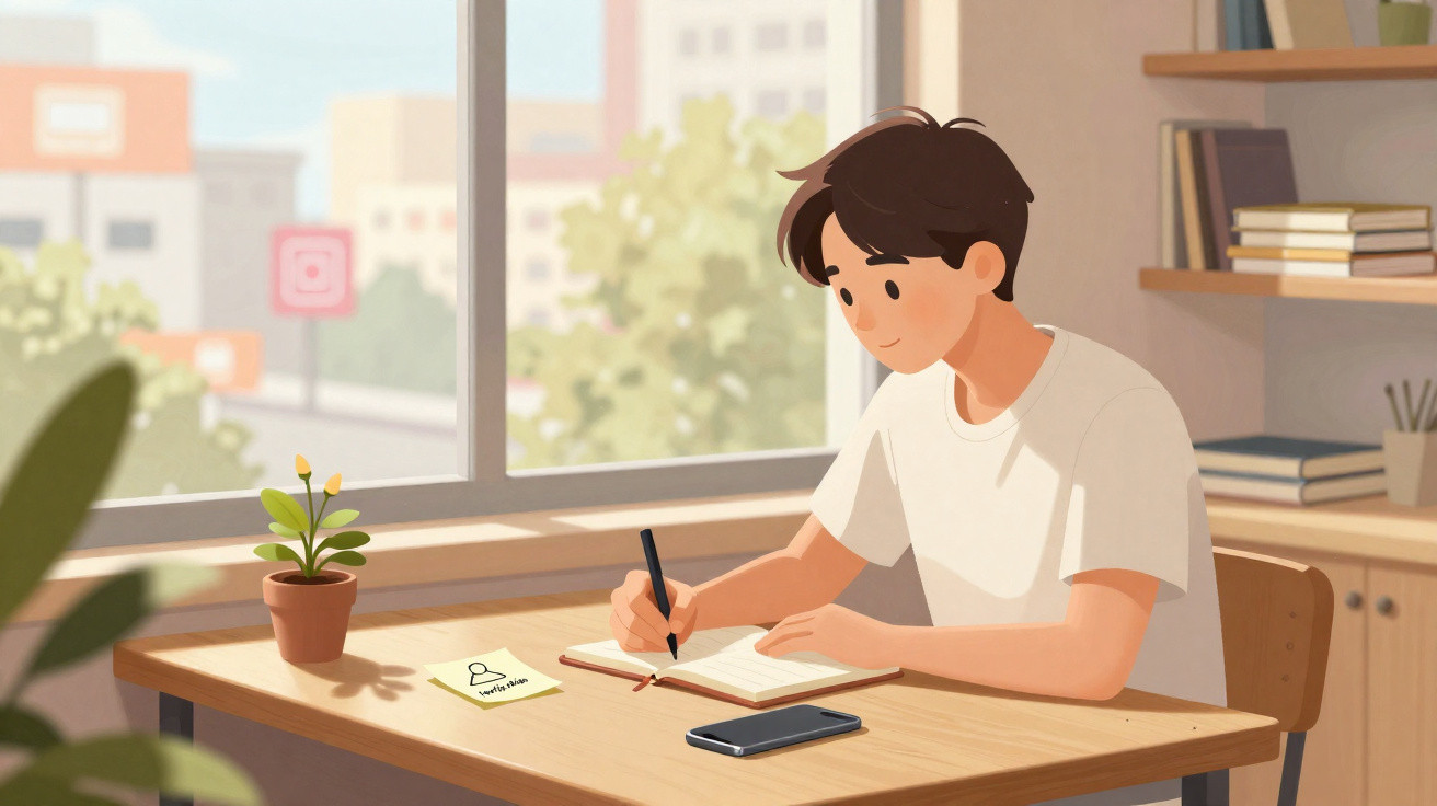 Jovem a escrever num caderno numa mesa junto à janela com vista para a cidade e planta pequena.