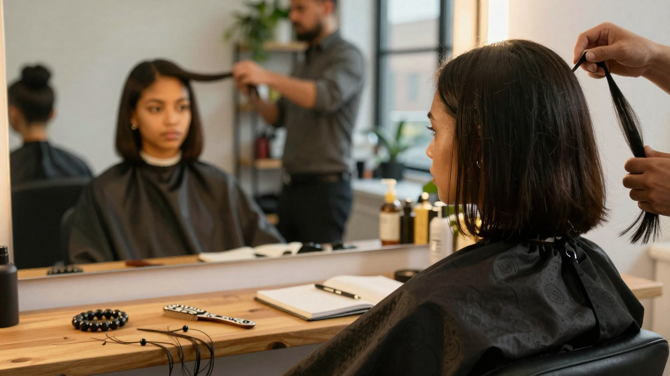 Mulher sentada numa cadeira de cabeleireiro enquanto um profissional lhe segura o cabelo para corte.