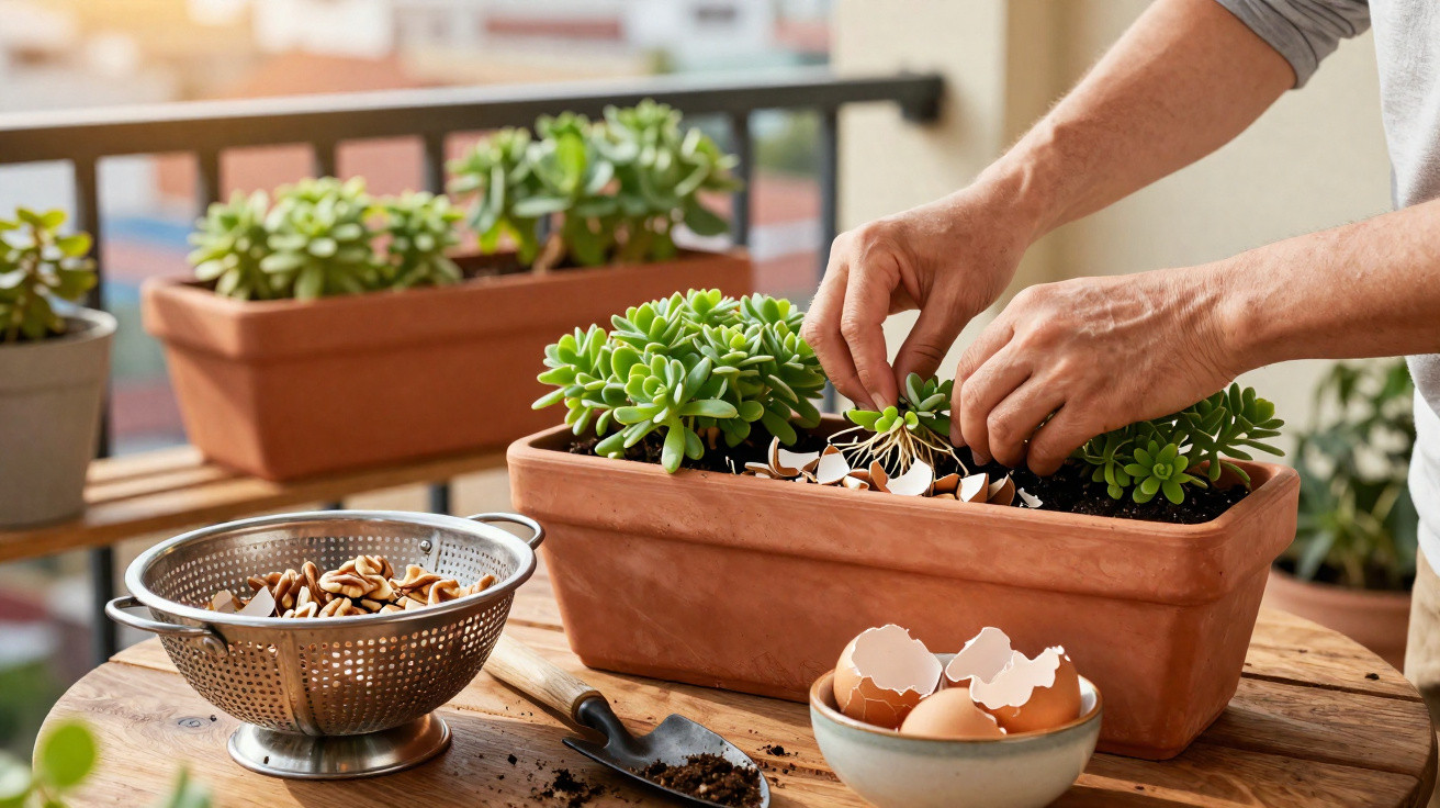 Mãos a plantar suculentas em vaso com cascas de ovo na varanda, rodeado de plantas e utensílios de jardinagem.