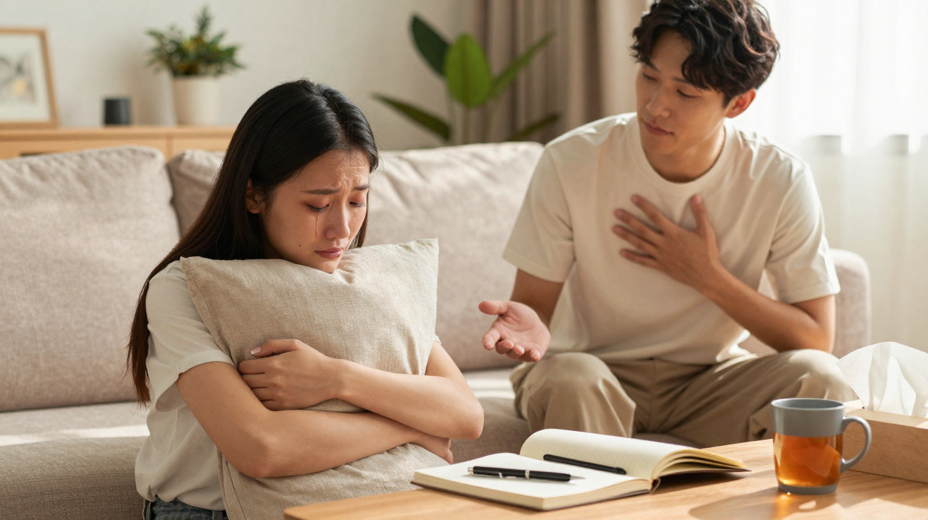 Mulher triste abraça almofada no sofá enquanto homem lhe fala com preocupação numa sala acolhedora.