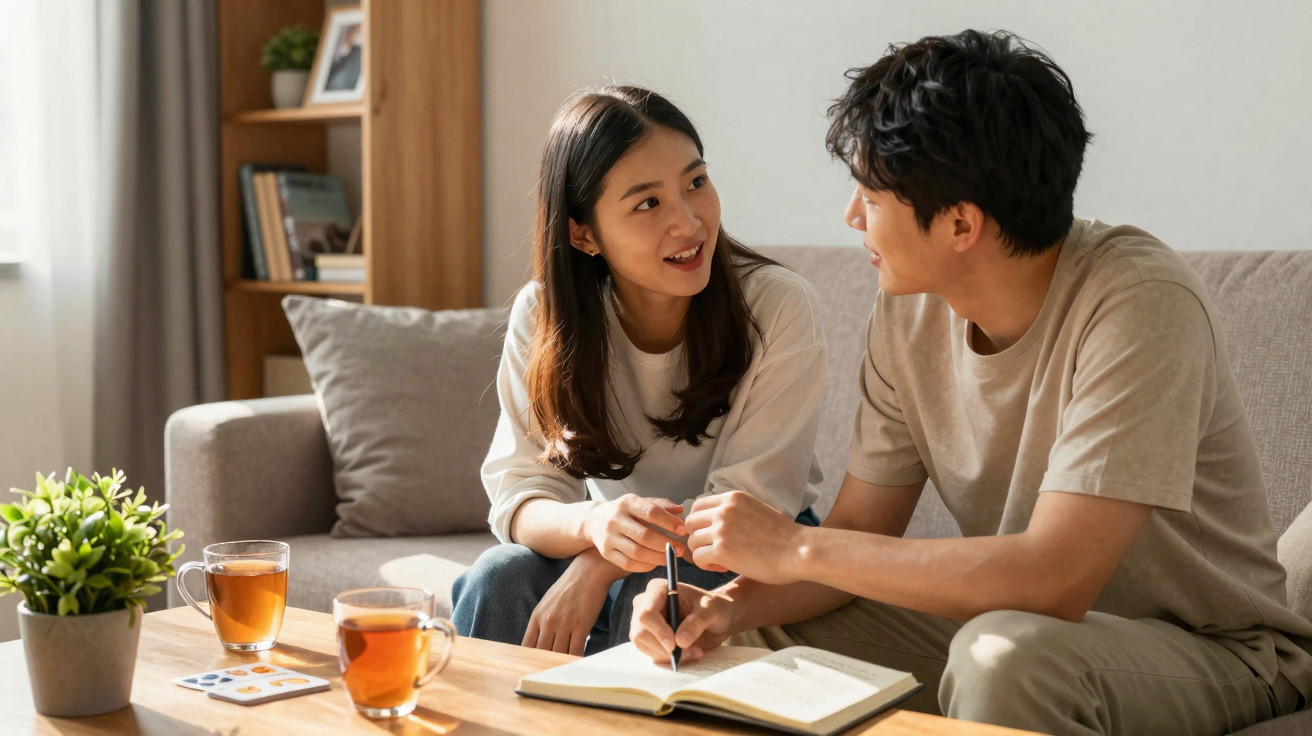 Casal conversa animadamente no sofá enquanto um escreve num caderno junto a chá em ambiente acolhedor.