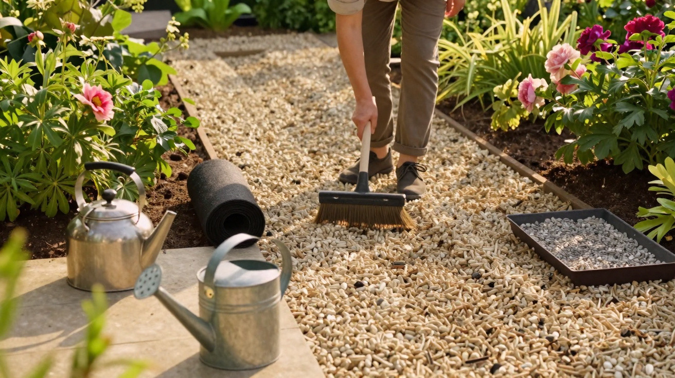 Pessoa a varrer caminho de cascalho num jardim com regador e chaleira metálicos ao lado.