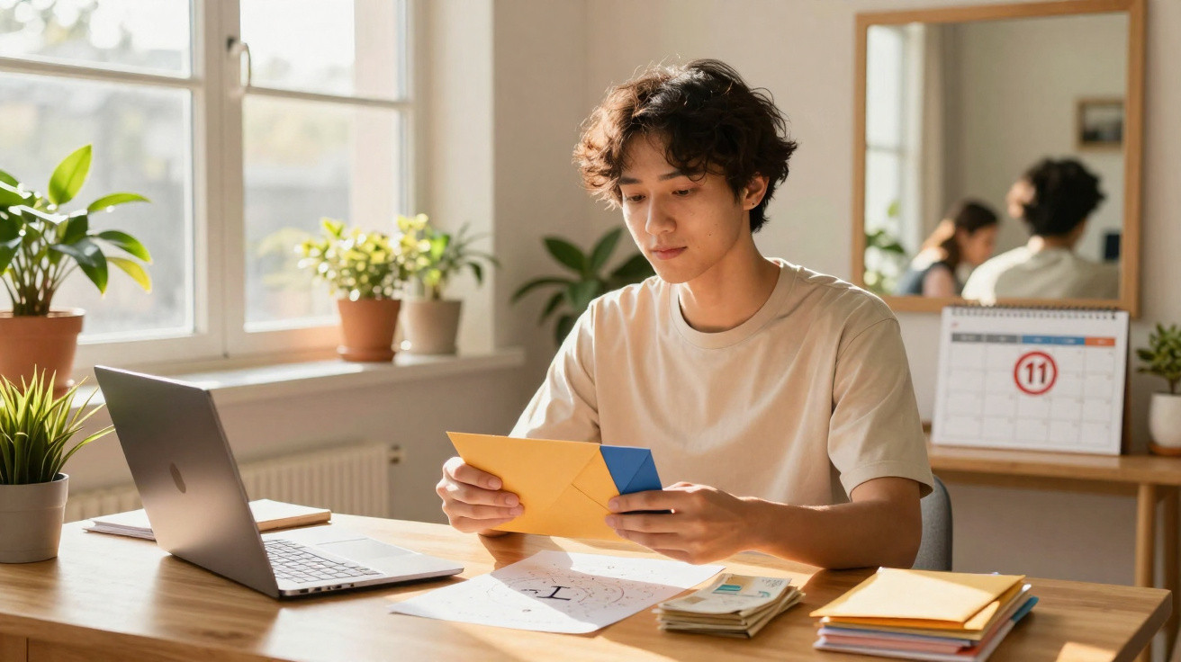 Jovem sentado à secretária a abrir envelope, com computador portátil, cadernos e plantações à volta.