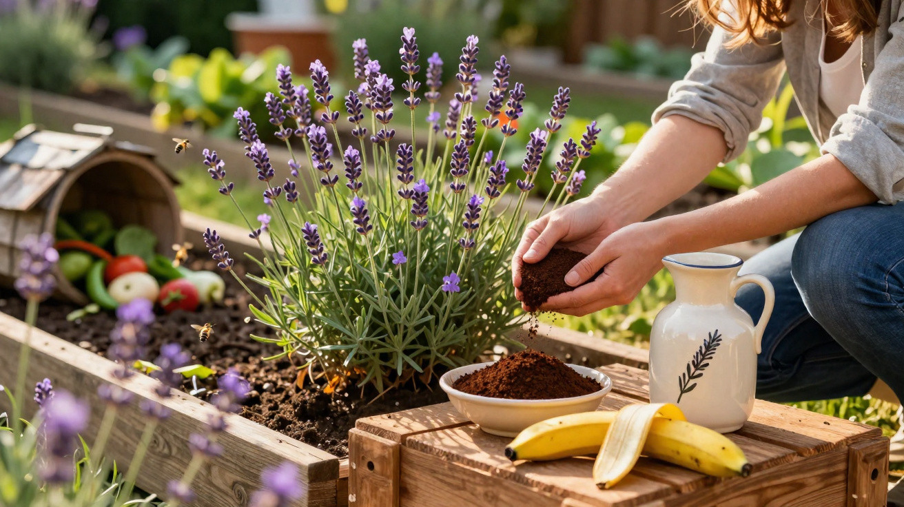 Pessoa a preparar composto orgânico junto a planta de lavanda num jardim com abelhas a voar.