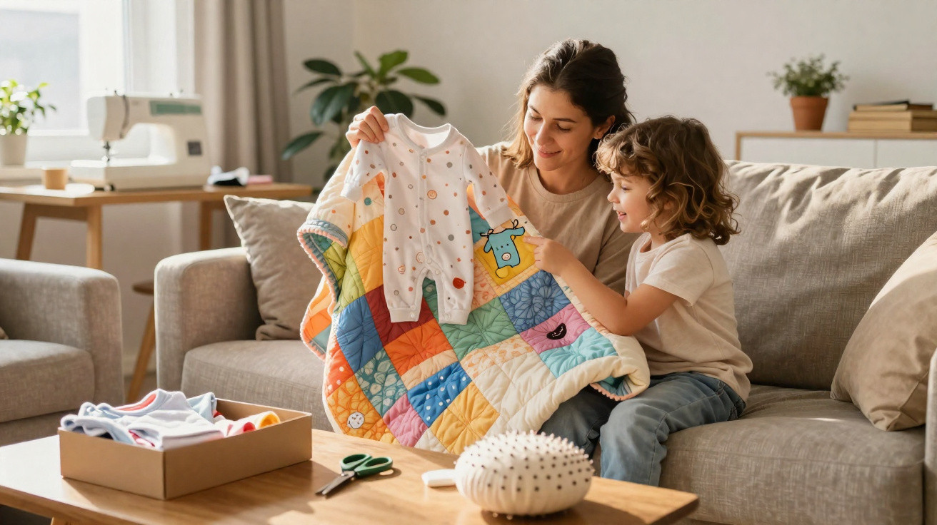 Mãe e filho sentados no sofá a mostrar um fato de bebé e uma manta colorida.