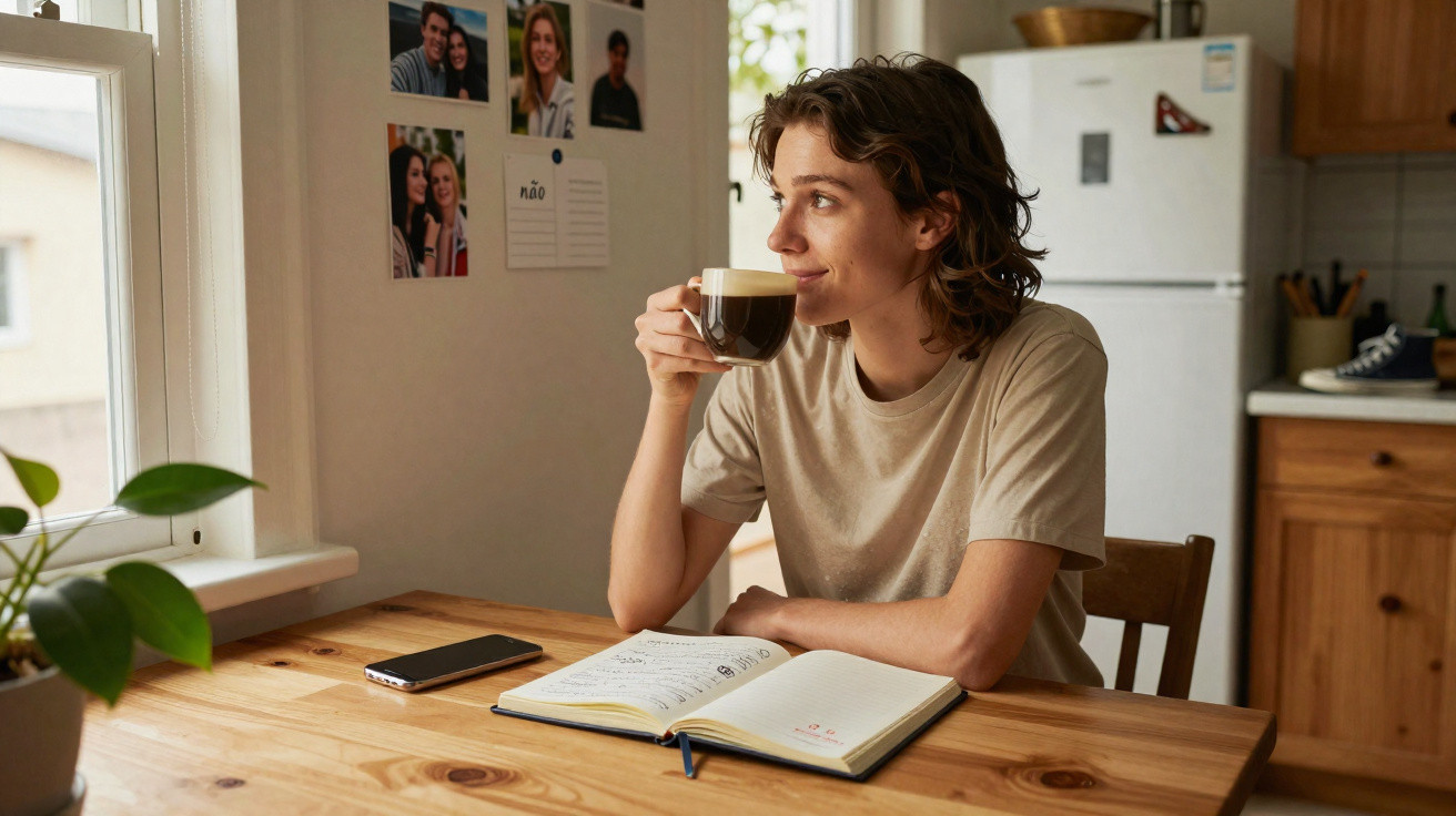 Pessoa jovem sentada numa cozinha a beber café enquanto olha pela janela com um caderno aberto à sua frente.