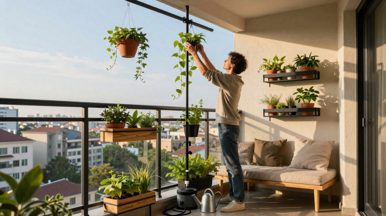 Homem a cuidar de plantas num terraço urbano com mobília e vista para prédios.
