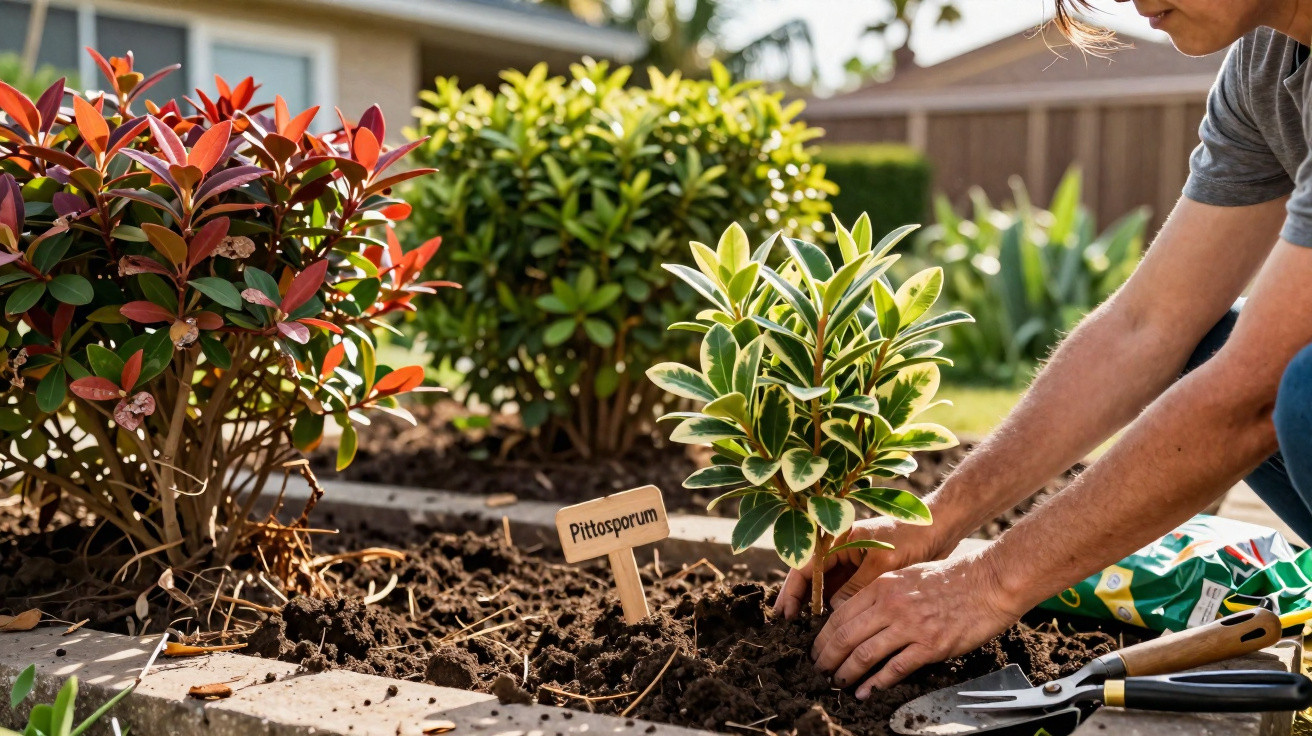 Pessoa a plantar um arbusto Pittosporum numa cama de jardim com terra preparada ao ar livre.