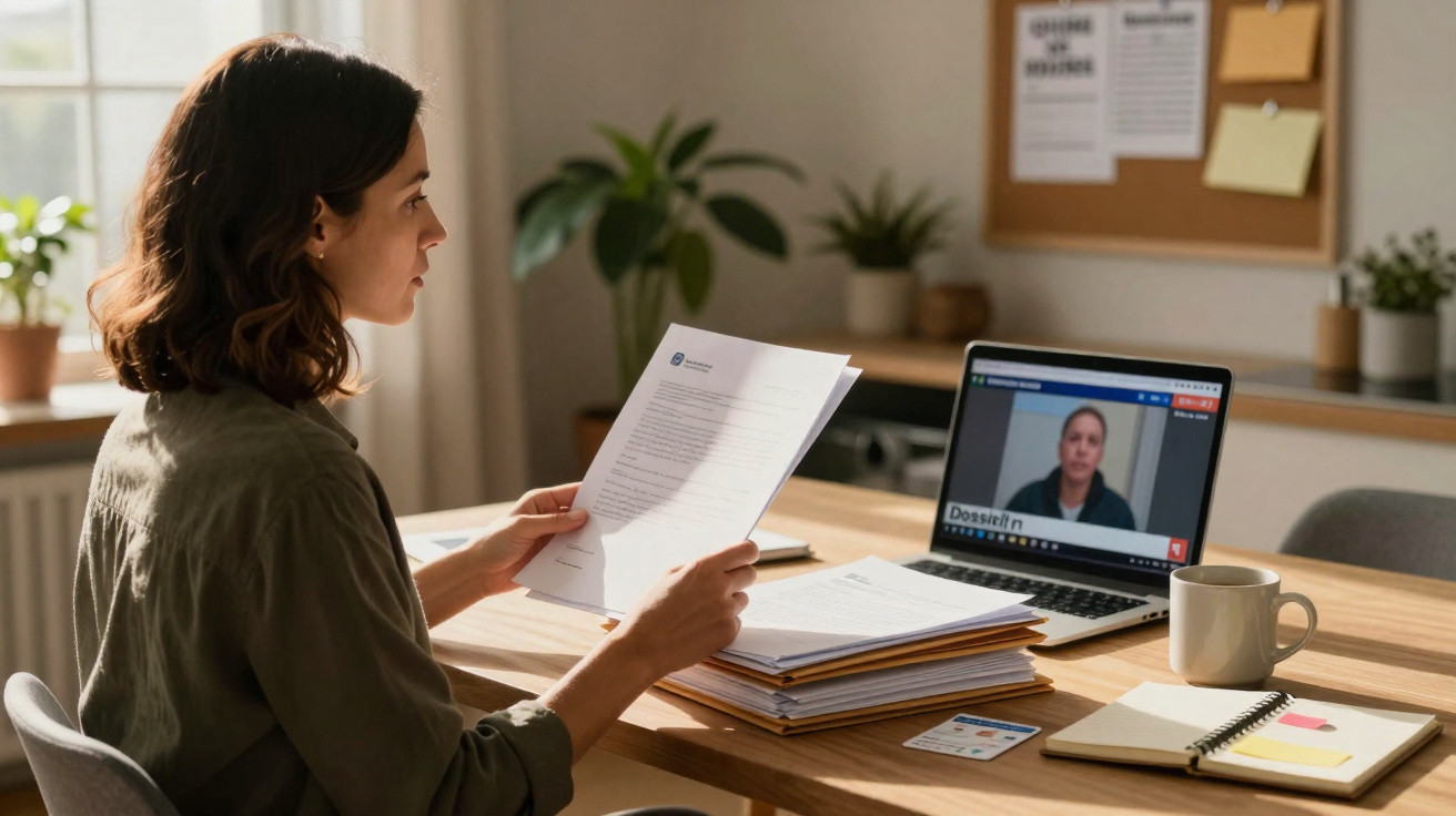 Mulher faz videoconferência enquanto analisa documentos numa mesa com computador, caderno e caneca.
