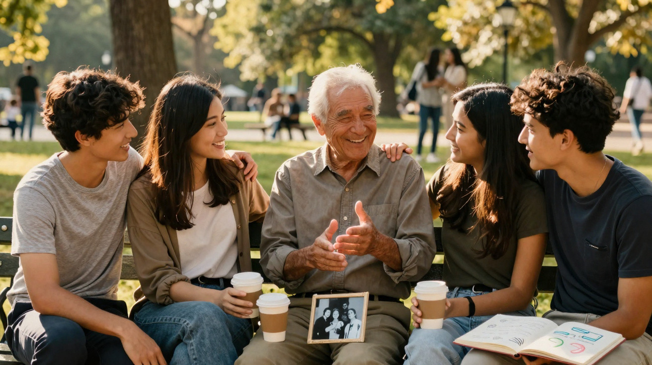 Homem idoso a sorrir com quatro jovens sentados num banco de parque, segurando café e livro.