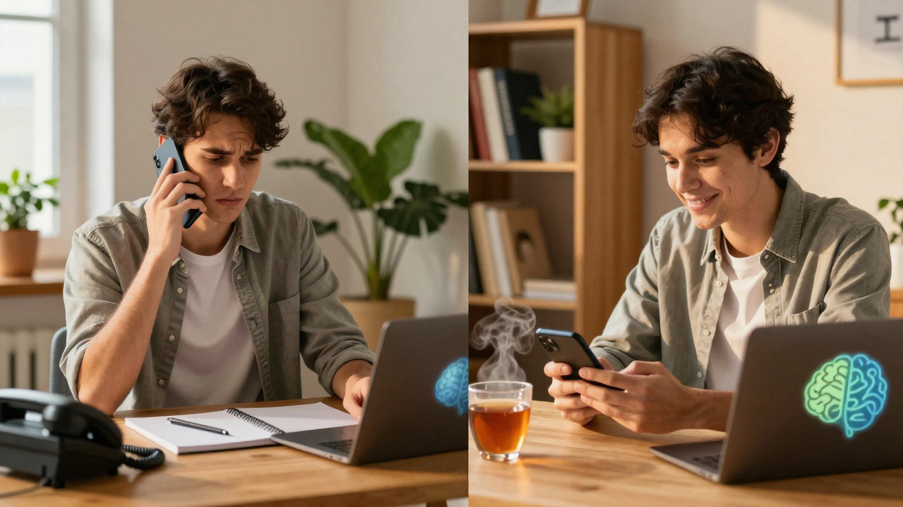 Jovem a trabalhar numa secretária, primeiro preocupado ao telefone e depois sorridente a ver o telemóvel.
