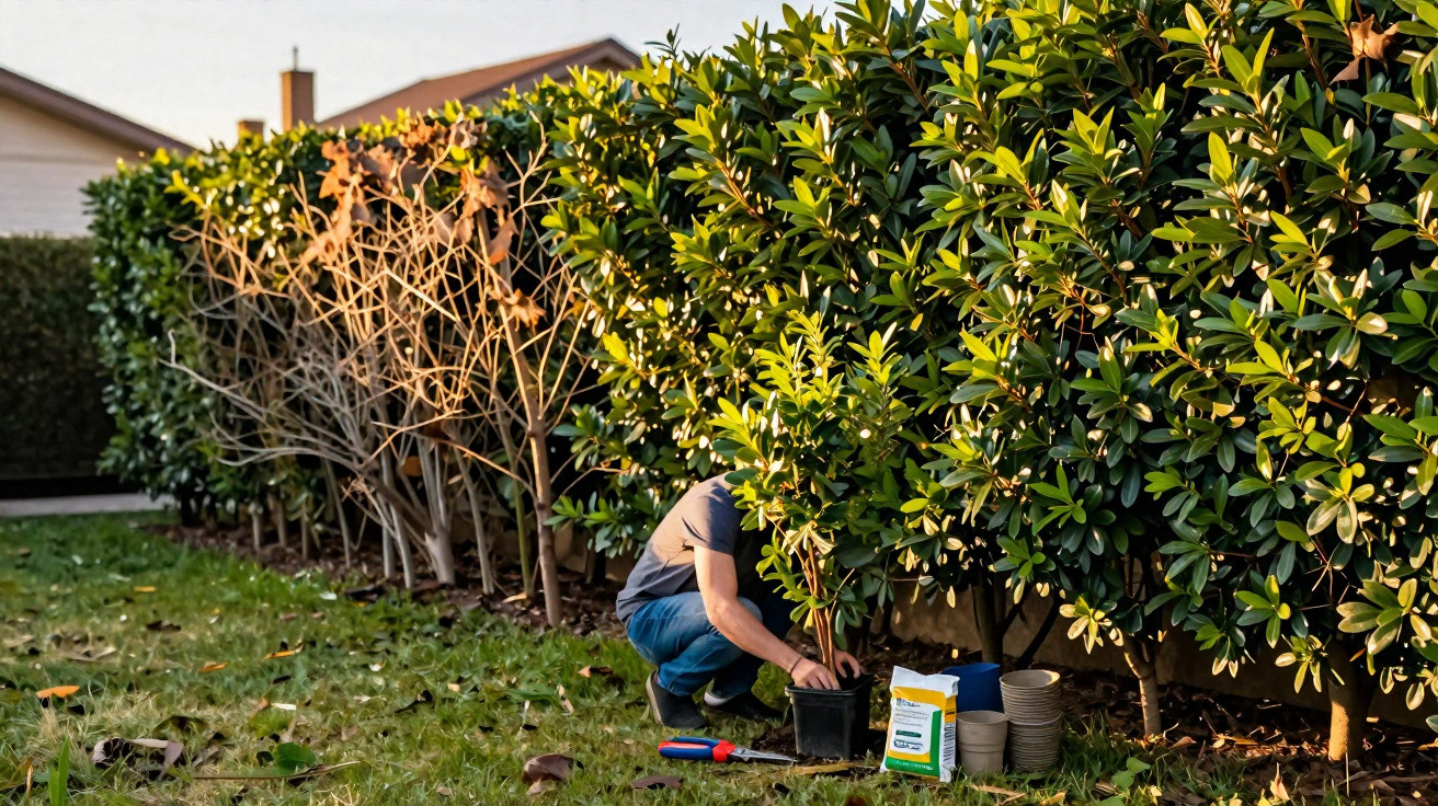 Pessoa a cultivar uma planta junto a sebes verdes numa área exterior com relva e folhas caídas.
