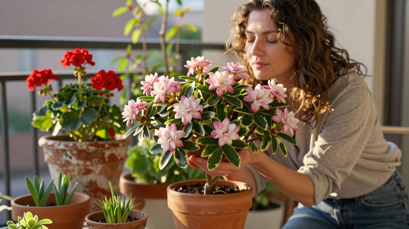 Mulher cuidando de planta florida rosa num vaso num terraço com várias outras plantas e luz natural.