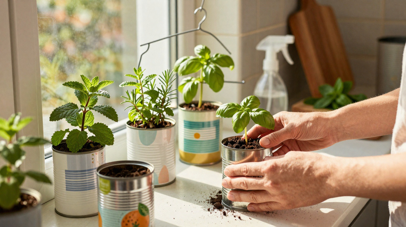 Mãos a cuidar de plantas aromáticas em latas recicladas junto a uma janela iluminada pelo sol.