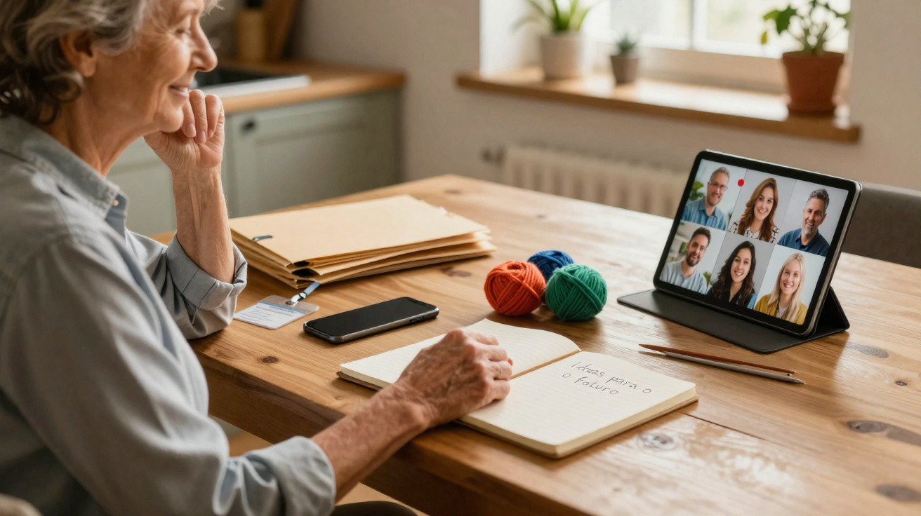 Idosa sentada à mesa a fazer videochamada com seis pessoas no tablet, escrevendo num caderno.