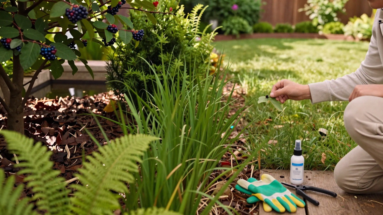 Pessoa a cuidar de plantas num jardim com luvas, tesoura e pulverizador ao lado.