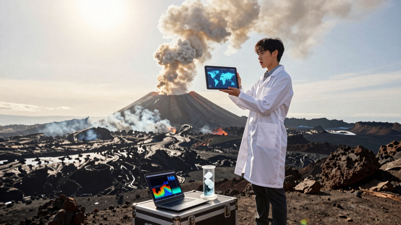 Cientista com tablet e computador a analisar atividade vulcânica perto de vulcão em erupção.