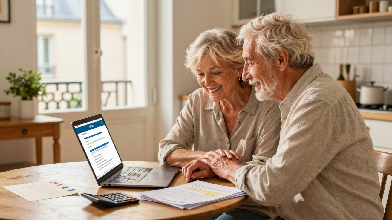 Casal sénior feliz a analisar documentos e informações num computador portátil numa cozinha acolhedora.