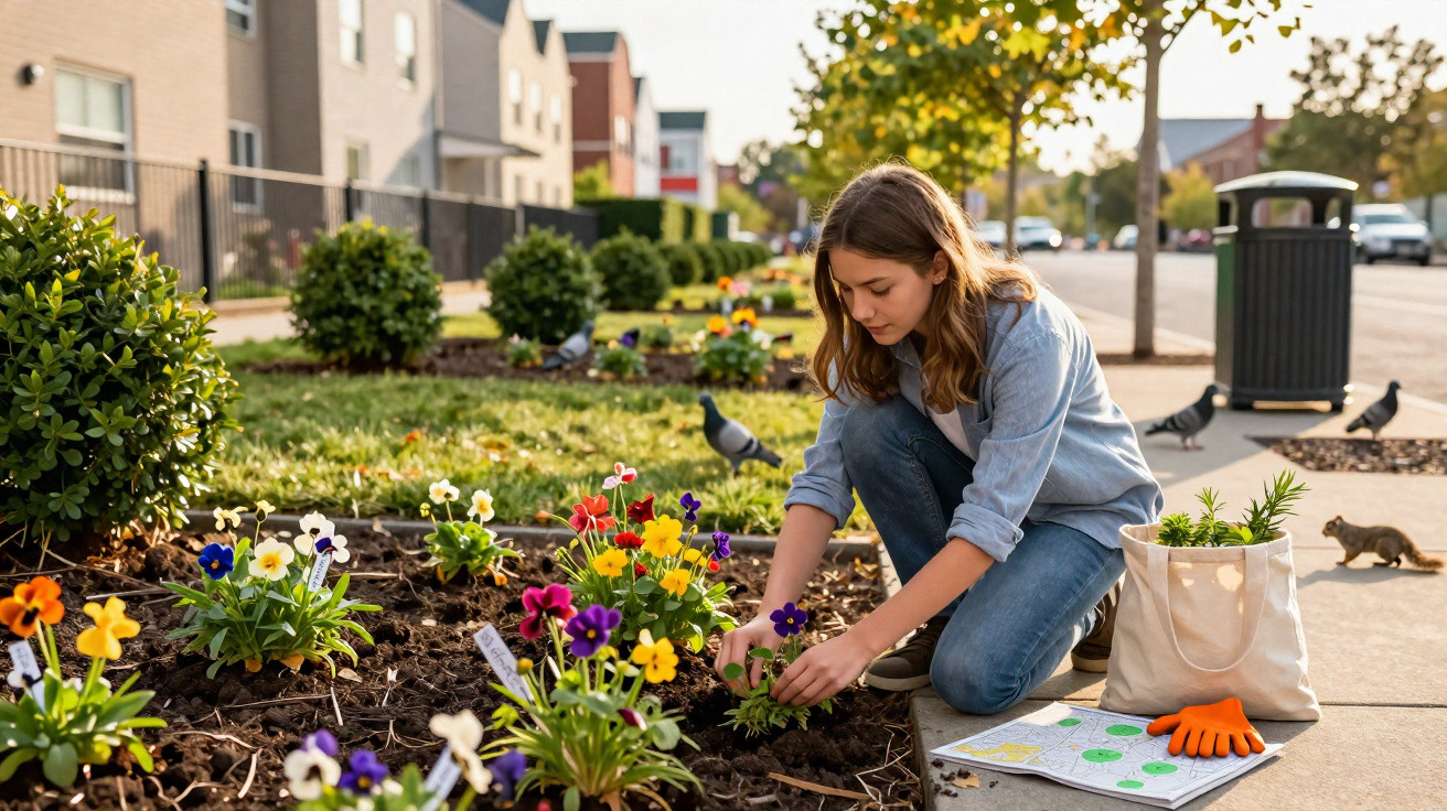 Jovem mulher a plantar flores coloridas num jardim urbano durante o dia, com luvas e bolsa ao lado.