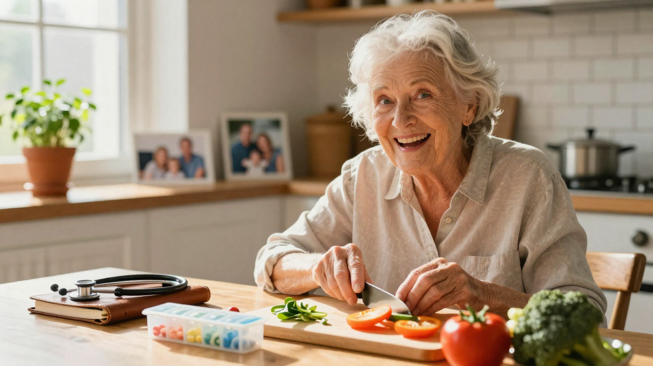 Idosa sorridente a cortar tomate na cozinha com medicamentos e estetoscópio na mesa.