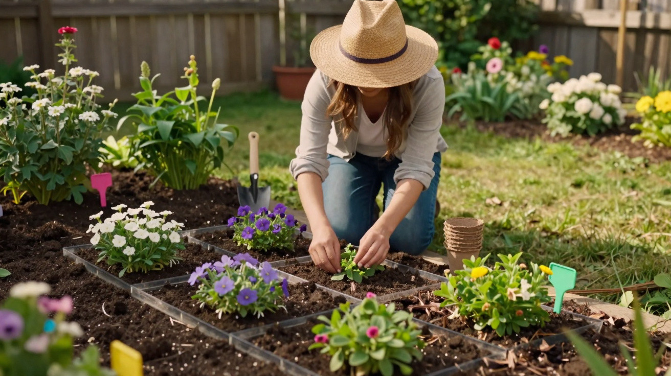 Pessoa com chapéu a plantar flores numa horta organizada em pequenos quadrados de terra fértil.