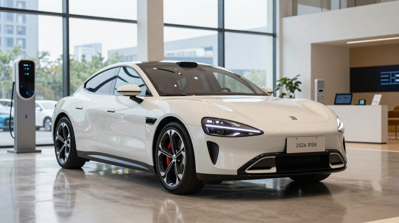 Carro elétrico branco moderno com faróis LED num showroom com posto de carregamento visível.