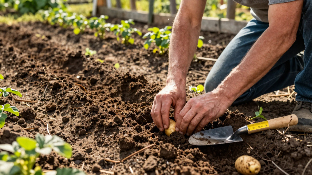 Pessoa a plantar batata no solo de uma horta, com pequenos pés de plantas verdes ao redor.